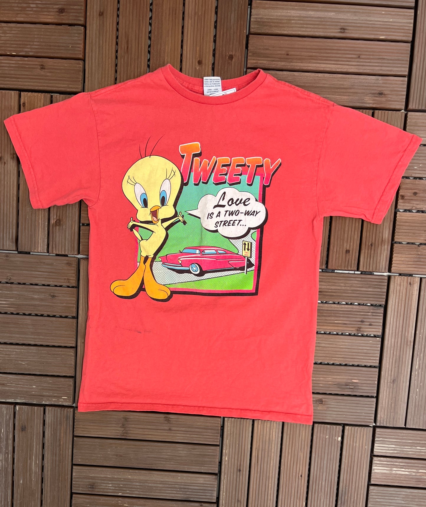 Tweety Bird Love Is A Two Way Street Graphic Tee | Size Small | Vintage 1990s Looney Tunes Cartoon Salmon T-Shirt |