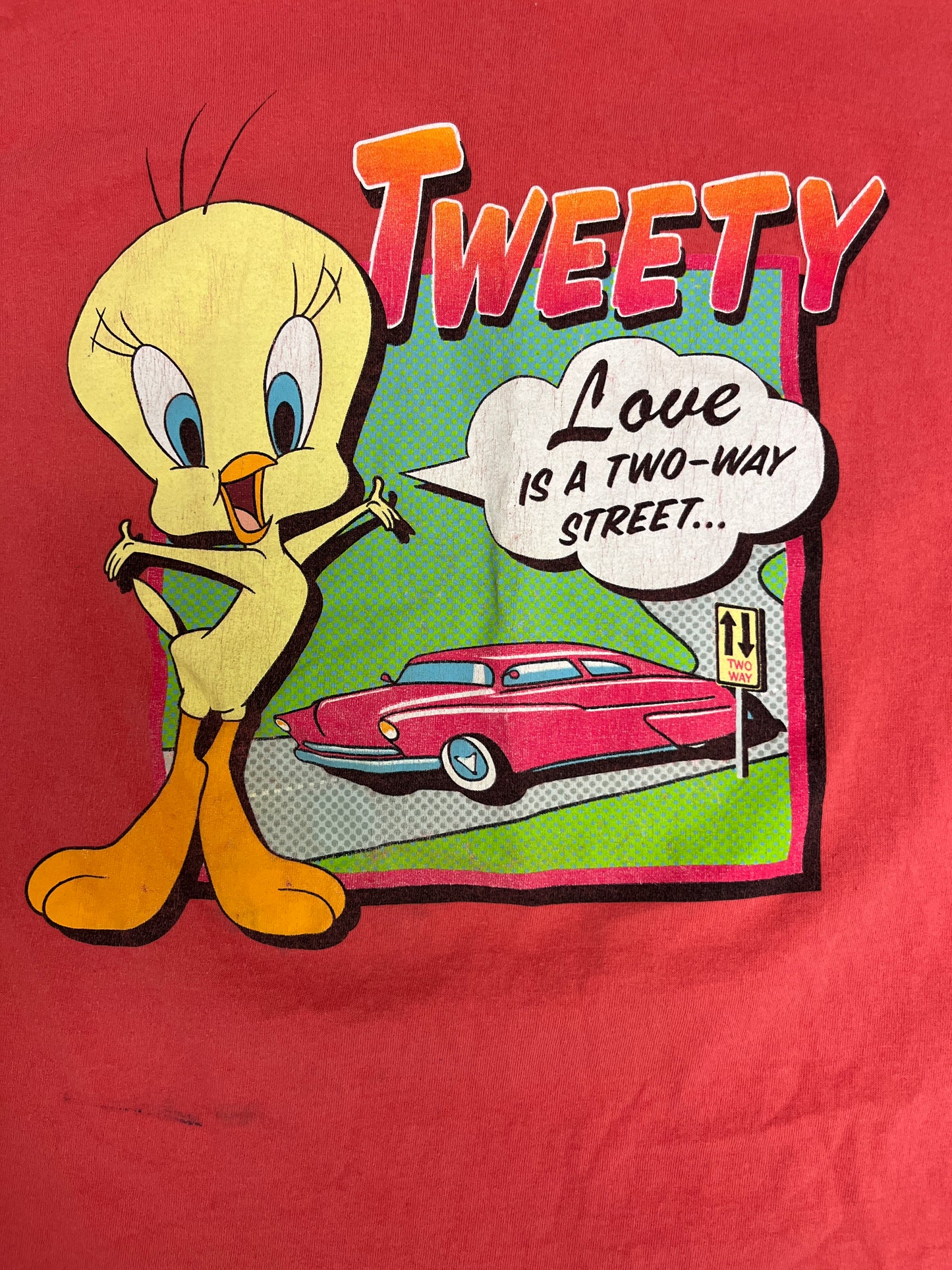 Tweety Bird Love Is A Two Way Street Graphic Tee | Size Small | Vintage 1990s Looney Tunes Cartoon Salmon T-Shirt |