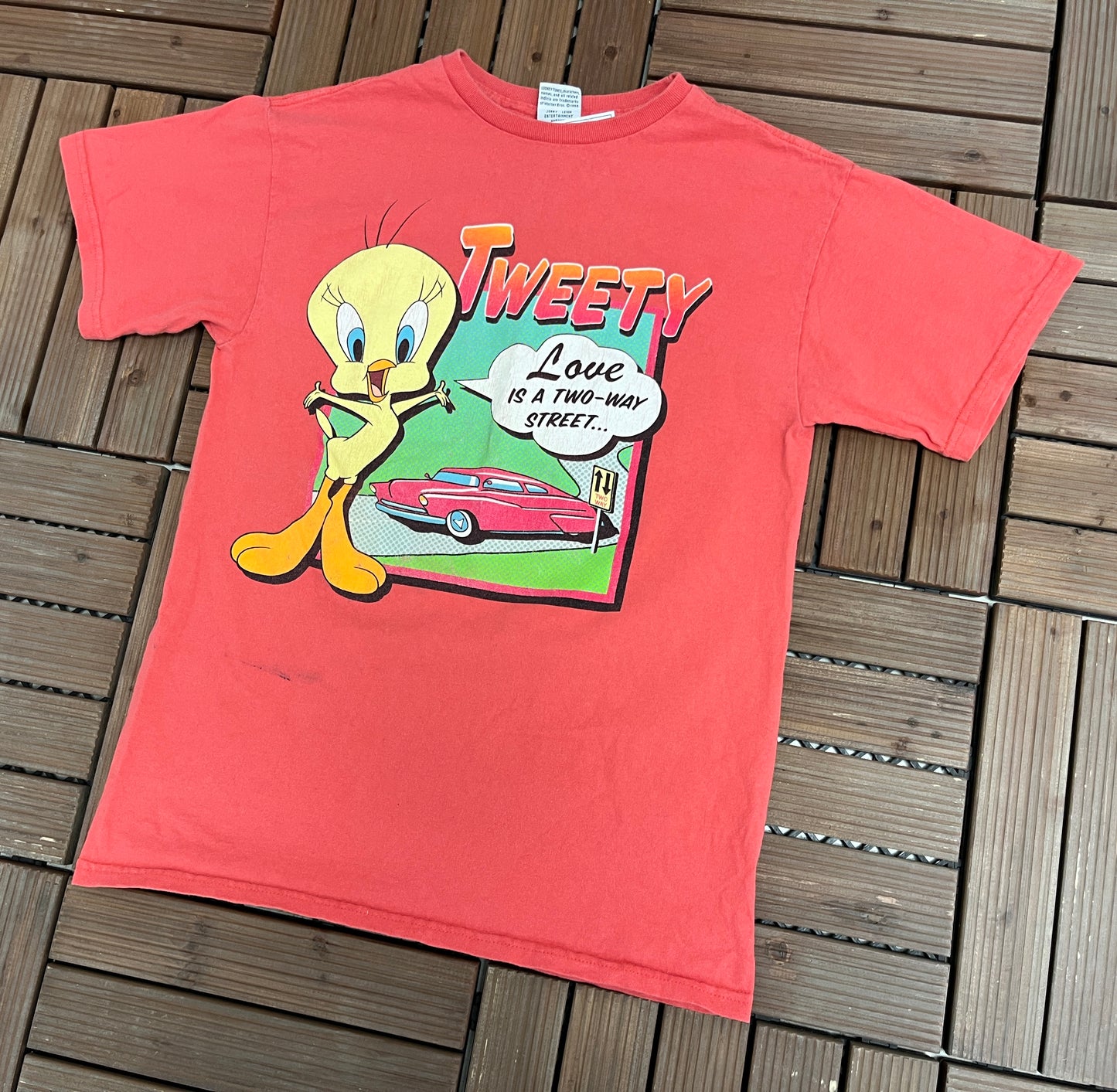 Tweety Bird Love Is A Two Way Street Graphic Tee | Size Small | Vintage 1990s Looney Tunes Cartoon Salmon T-Shirt |