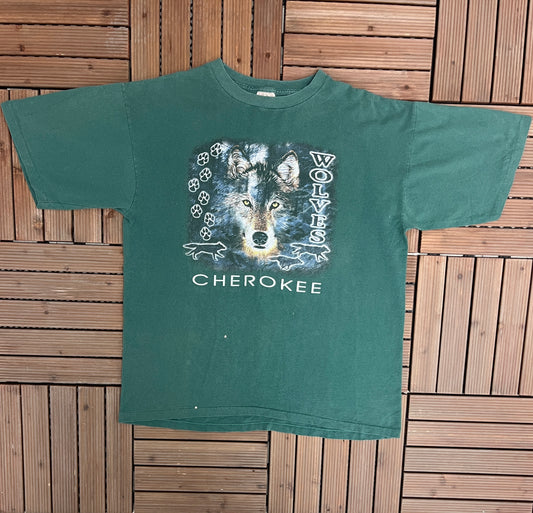 Cherokee Wolves Graphic Tee | Size X-Large | Vintage 1990s Single Stitch Animal Green T-Shirt | Made in USA | Free Shipping to USA |