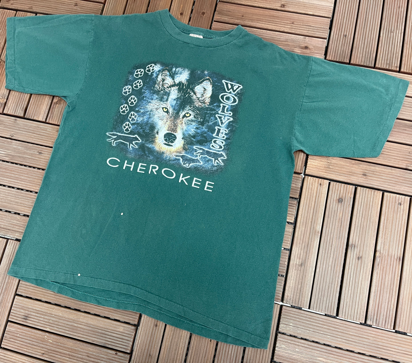 Cherokee Wolves Graphic Tee | Size X-Large | Vintage 1990s Single Stitch Animal Green T-Shirt | Made in USA | Free Shipping to USA |