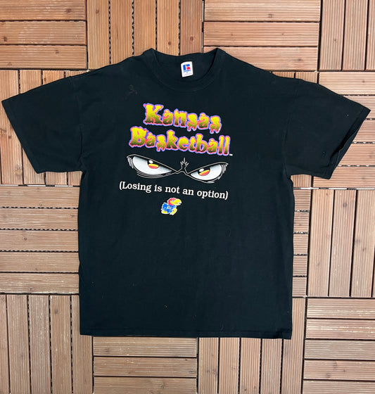 Kansas Jayhawks Basketball Graphic Tee | Size X-Large | Vintage 1990s College Basketball Made in USA Black T-Shirt |