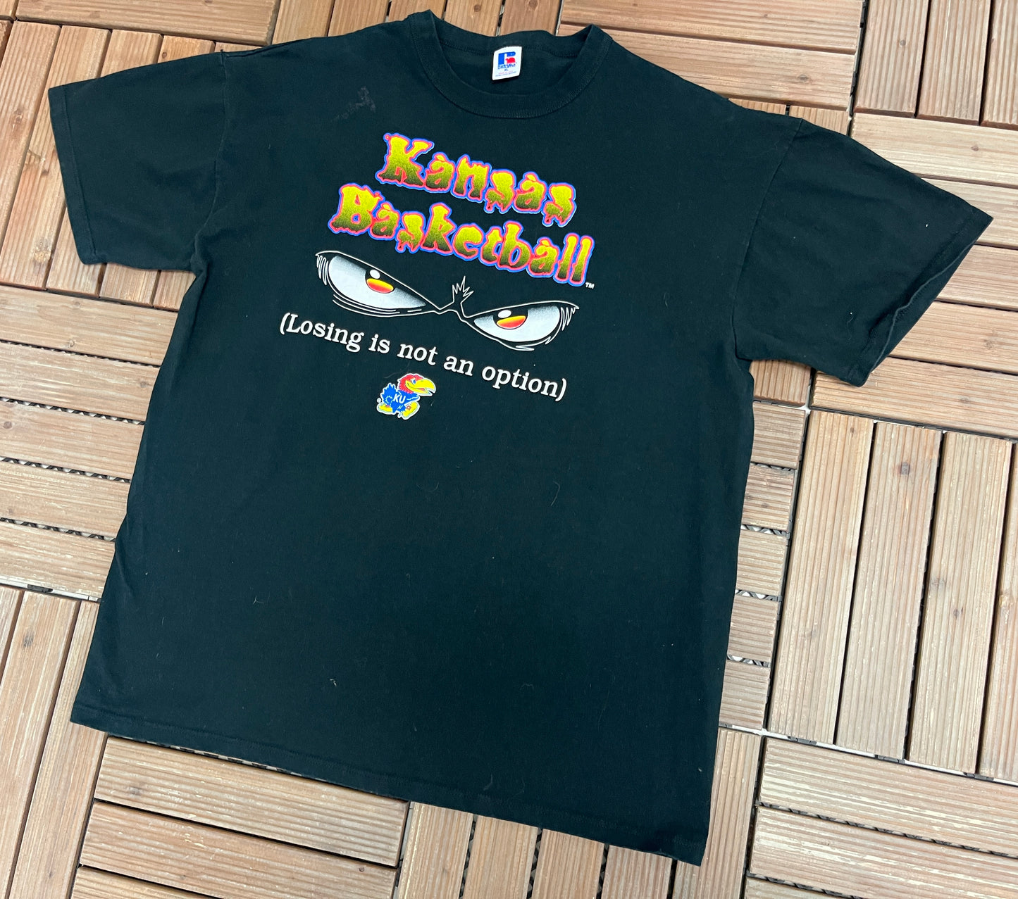 Kansas Jayhawks Basketball Graphic Tee | Size X-Large | Vintage 1990s College Basketball Made in USA Black T-Shirt |