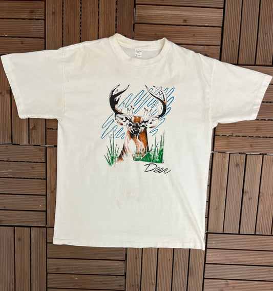 Deer Large Print Graphic Tee | Size Large | Vintage 1990s Single Stitch Animal White T-Shirt | Made in USA | Free Shipping to USA |