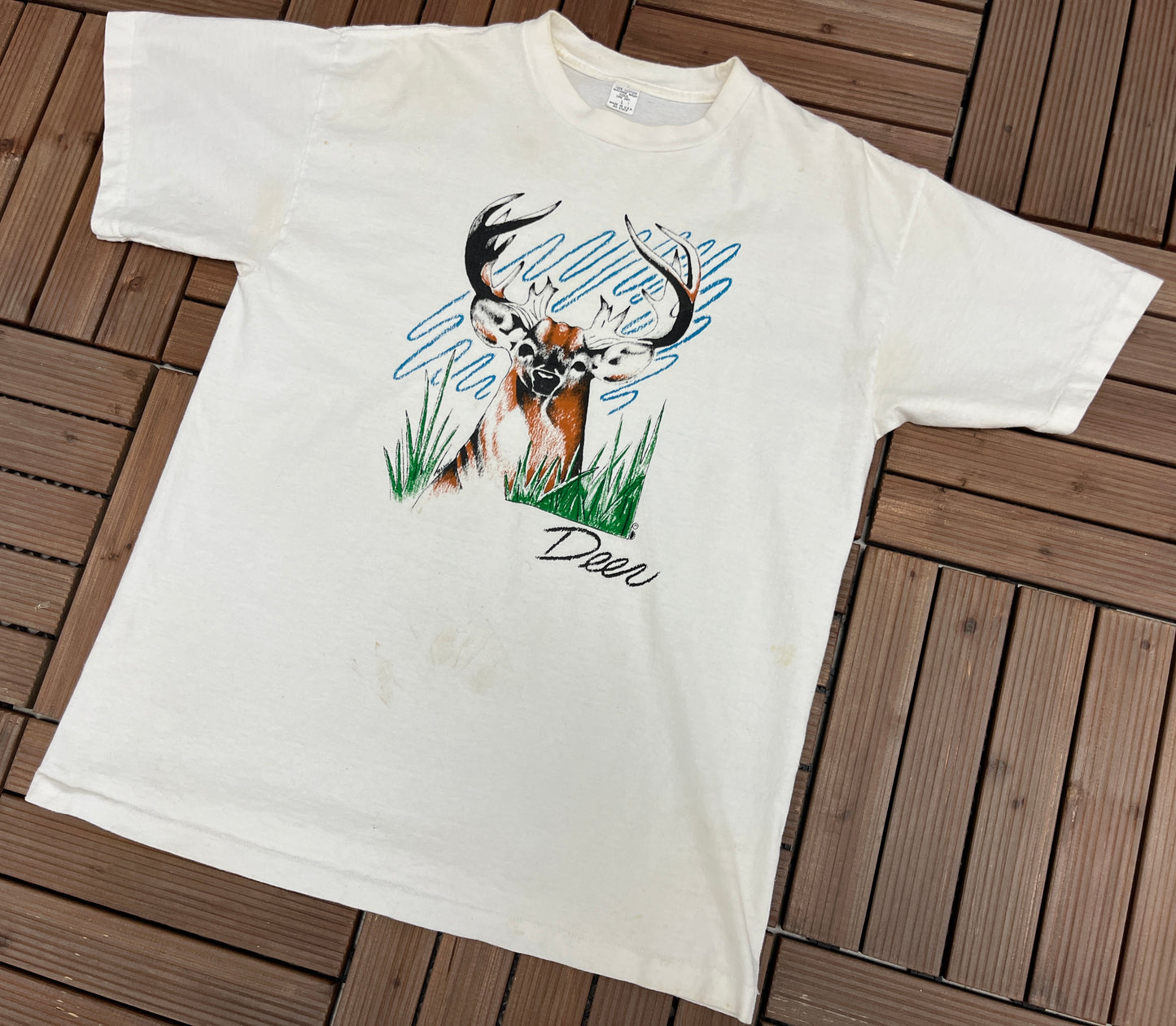 Deer Large Print Graphic Tee | Size Large | Vintage 1990s Single Stitch Animal White T-Shirt | Made in USA | Free Shipping to USA |