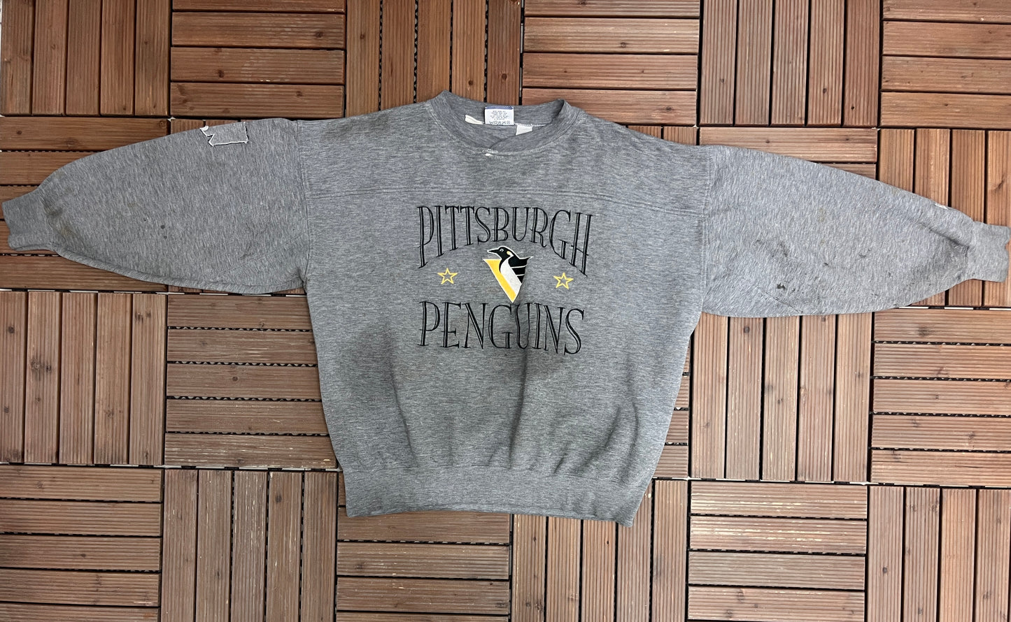 Pittsburgh Penguins Embroidered Graphic Crewneck | Size X-Large | Vintage 1990s NHL Hockey Grey Sweater |