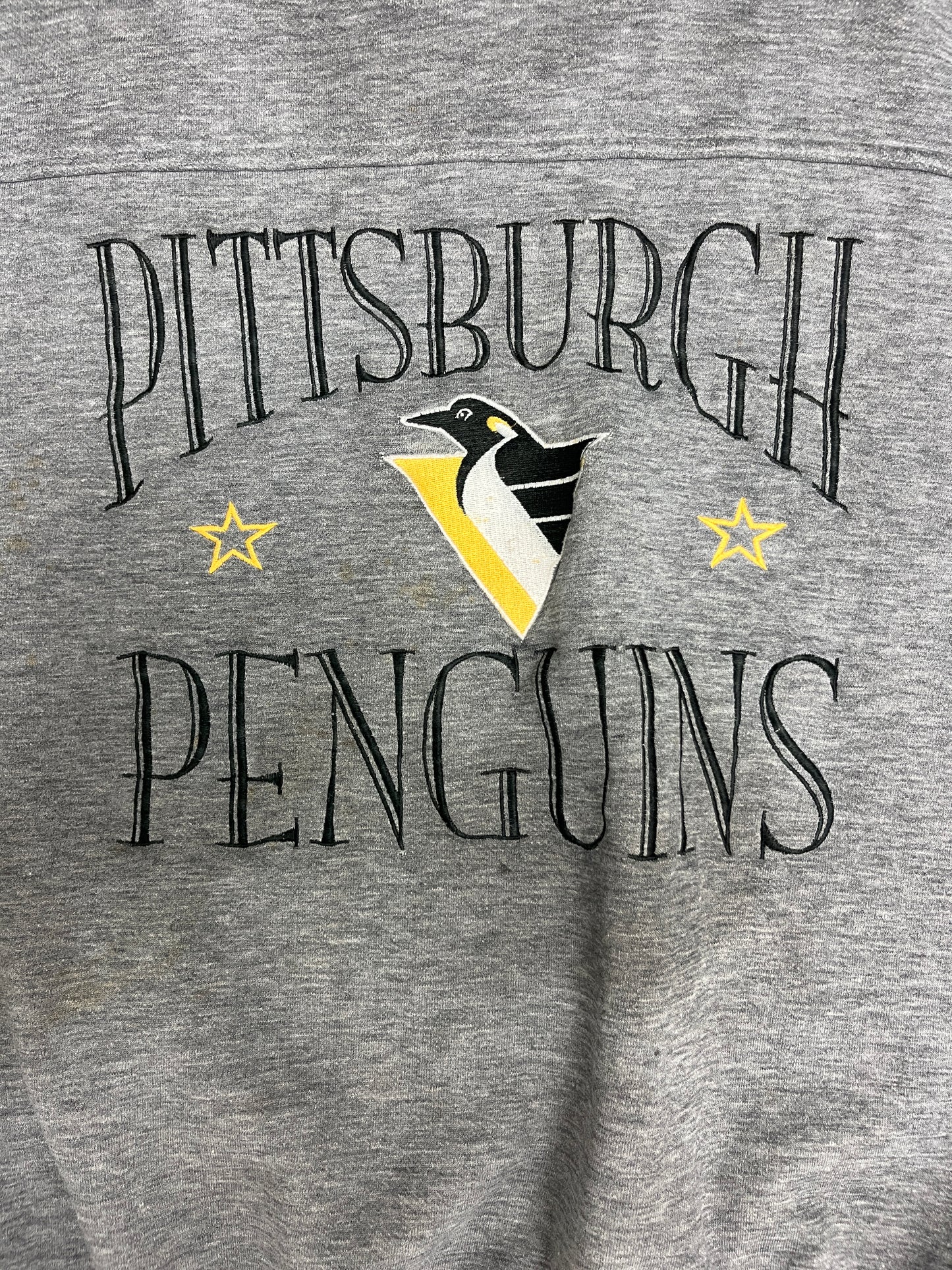 Pittsburgh Penguins Embroidered Graphic Crewneck | Size X-Large | Vintage 1990s NHL Hockey Grey Sweater |