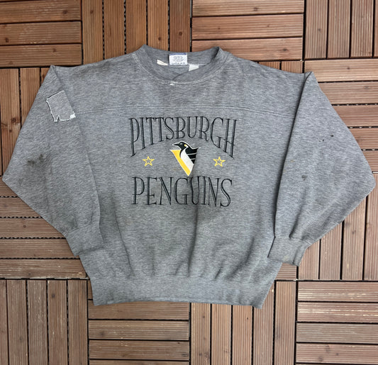 Pittsburgh Penguins Embroidered Graphic Crewneck | Size X-Large | Vintage 1990s NHL Hockey Grey Sweater |