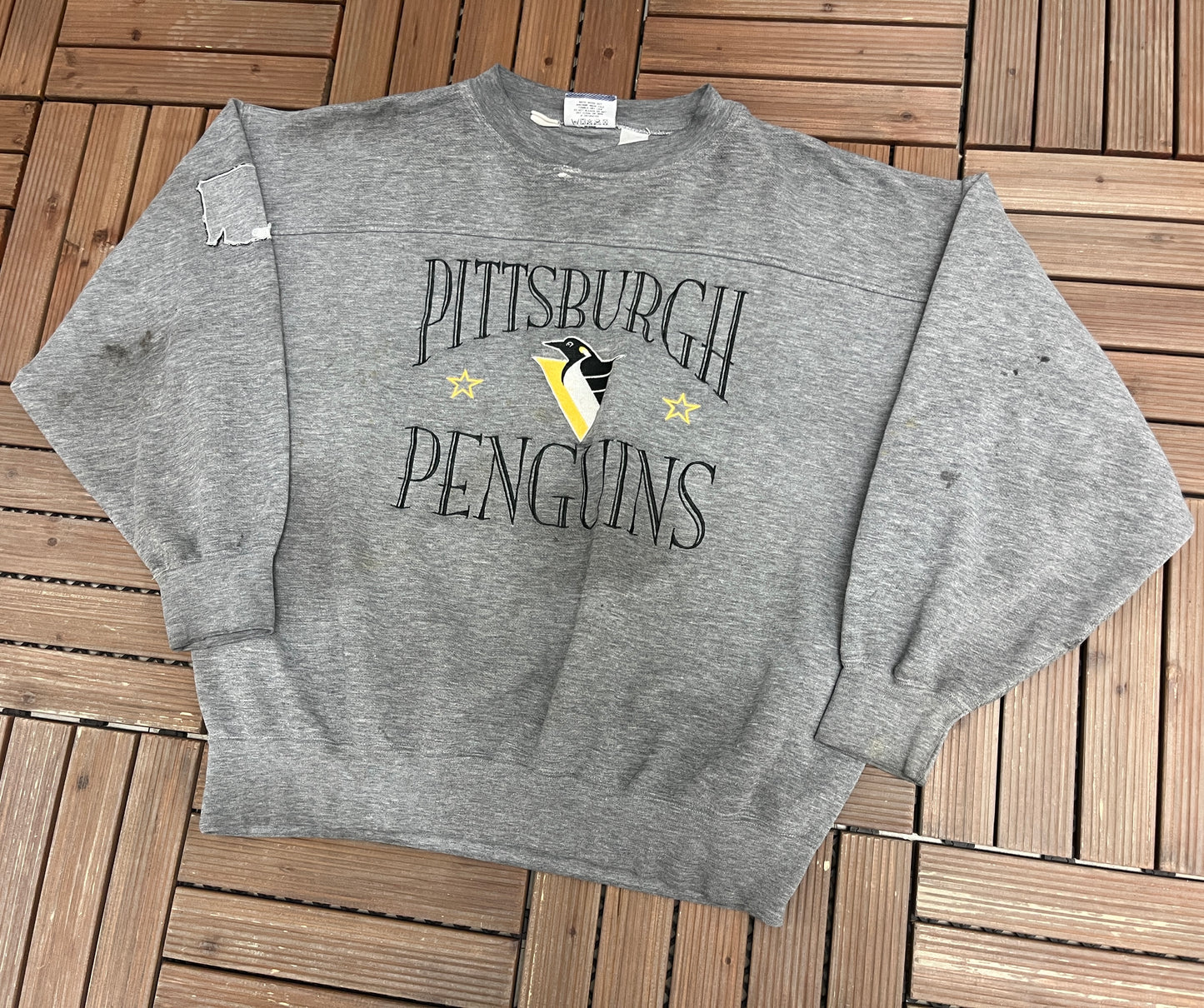 Pittsburgh Penguins Embroidered Graphic Crewneck | Size X-Large | Vintage 1990s NHL Hockey Grey Sweater |