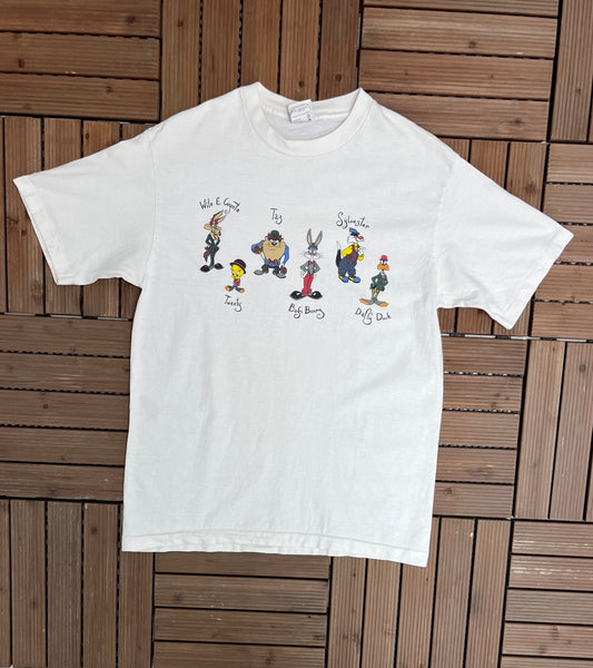 Warner Bros Characters Graphic Tee | Size Large | Vintage 1990s Single Stitch Cartoon White T-Shirt |