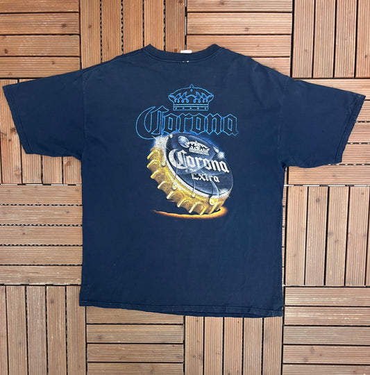 Corona Extra Graphic Tee | Size X-Large | Vintage 2000s Alcohol Promotional Blue T-Shirt |