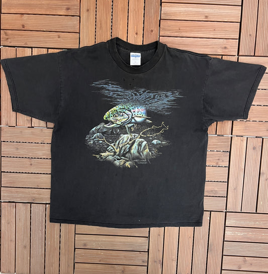 Gardner Tackle Fishing Graphic Tee | Size X-Large | Vintage 1990s Fishing Faded Black T-Shirt |