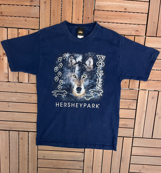 Hershey Park Wolves Graphic Tee | Size Large | Vintage 1990s Promotional Tourist Animal Blue T-Shirt | Free Shipping to USA |