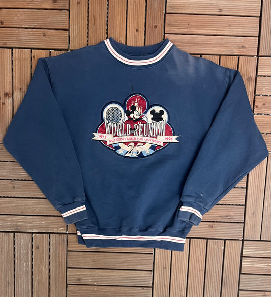 Walt Disney 25th Anniversary Embroidered Graphic Crewneck | Size Medium | Vintage 1990s Blue Mickey Mouse Disney Sweater |