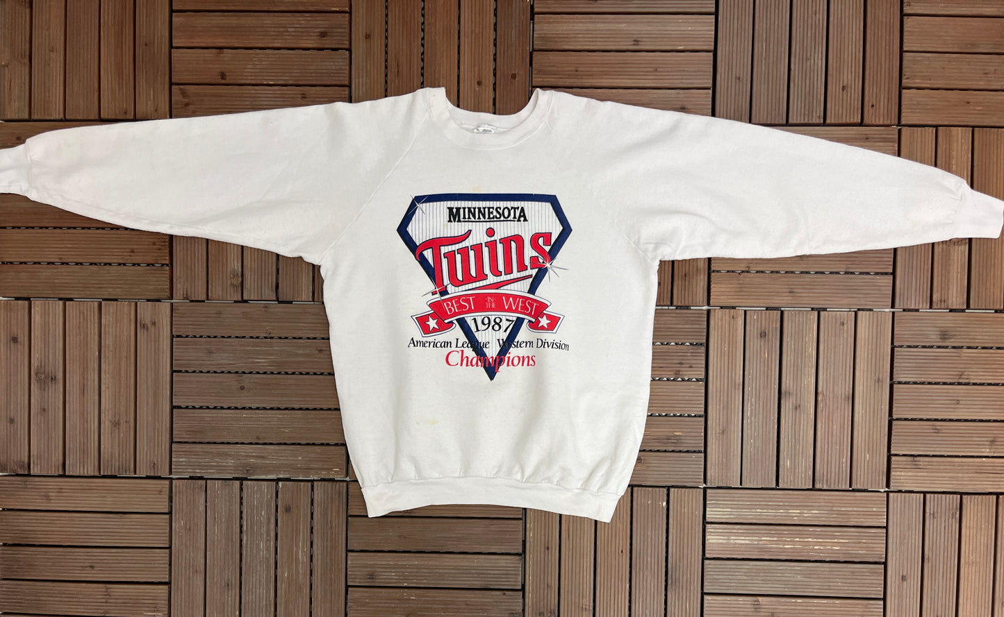 Minnesota Twins AL West Champions 1987 Graphic Crewneck | Size X-Large | Vintage 1980s MLB Baseball White Sweater |