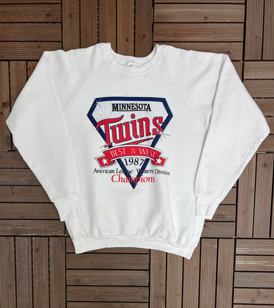 Minnesota Twins AL West Champions 1987 Graphic Crewneck | Size X-Large | Vintage 1980s MLB Baseball White Sweater |