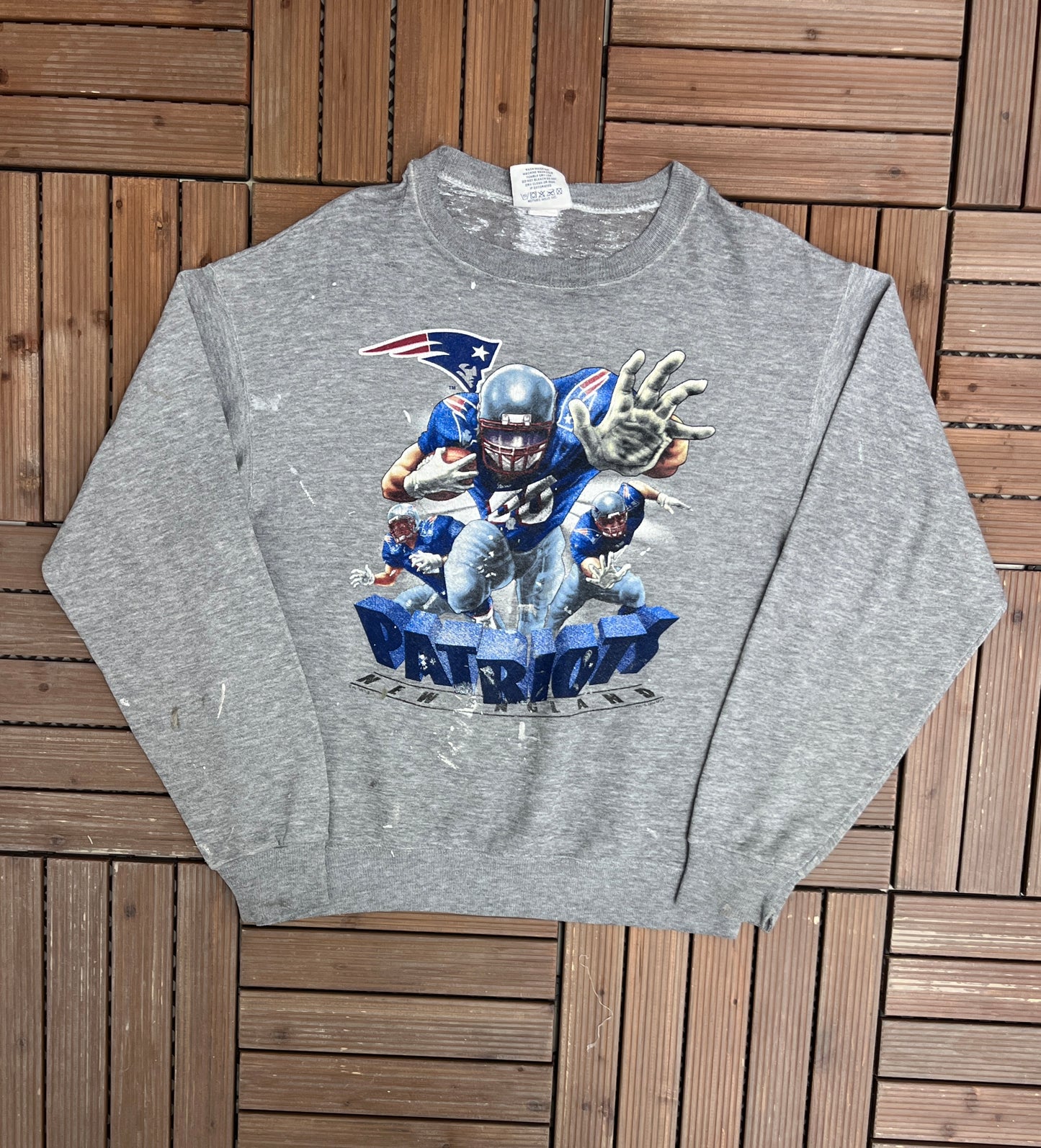 New England Patriots Graphic Crewneck | Size X-Large | Vintage 1990s NFL Football Grey Sweater |