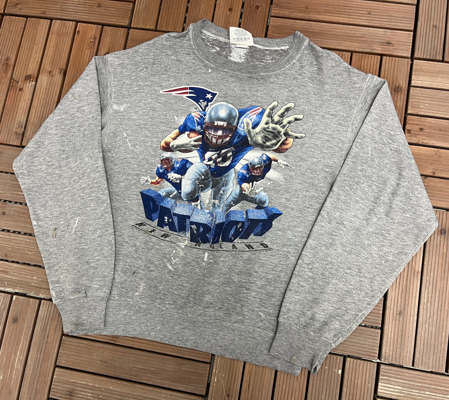 New England Patriots Graphic Crewneck | Size X-Large | Vintage 1990s NFL Football Grey Sweater |