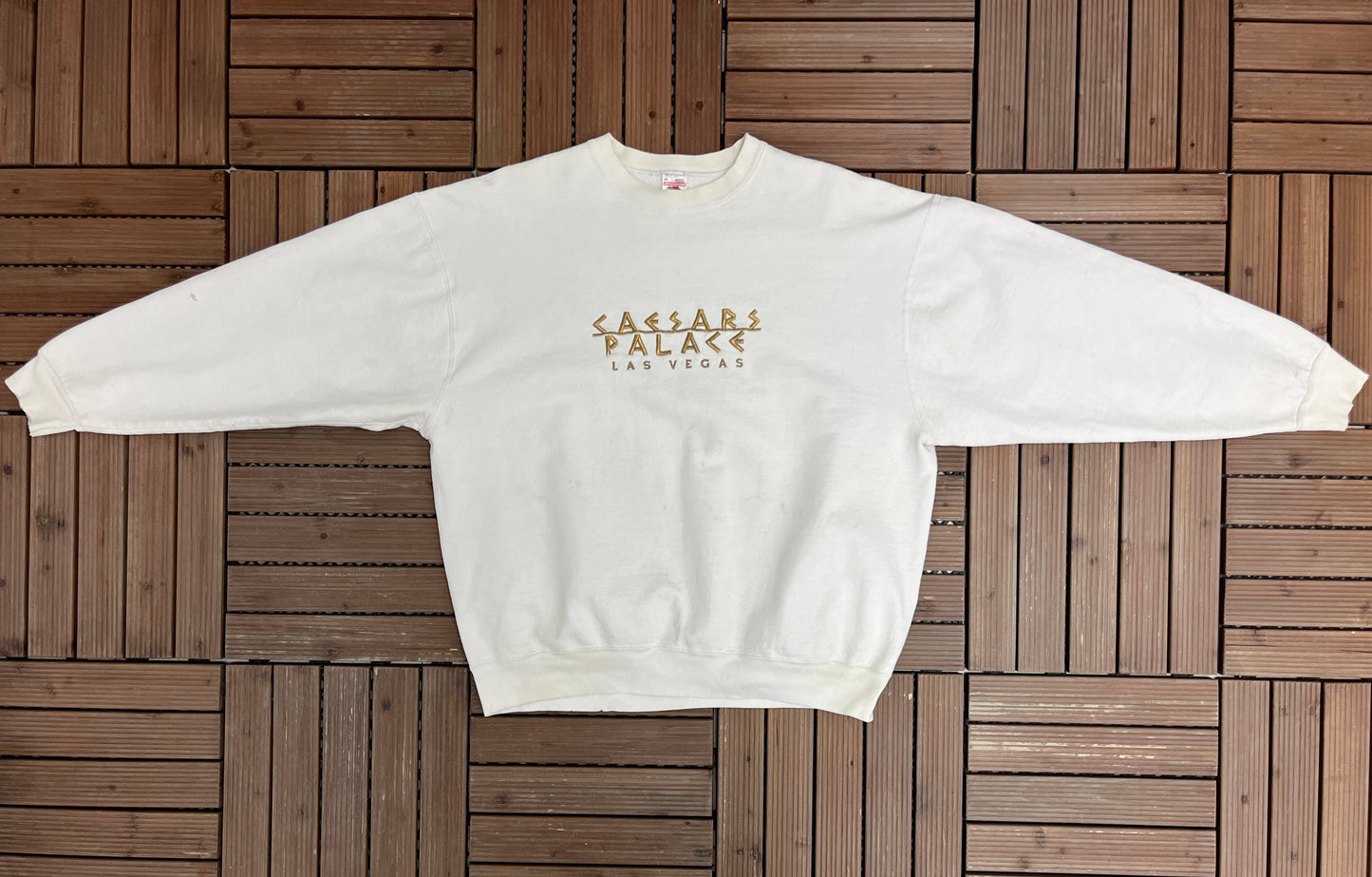 Caesars Palace Las Vegas Embroidered Graphic Crewneck | Size X-Large | Vintage 1990s Promotional White Sweater | Made in USA |