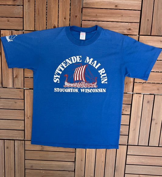 Syttende Mai Run Stoughton, Wisconsin Graphic Tee | Size Large | Vintage 1990s Promotional Blue T-Shirt | Made in USA |Free Shipping to USA|
