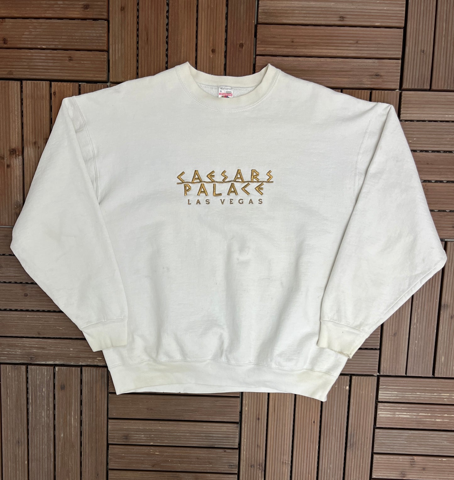 Caesars Palace Las Vegas Embroidered Graphic Crewneck | Size X-Large | Vintage 1990s Promotional White Sweater | Made in USA |