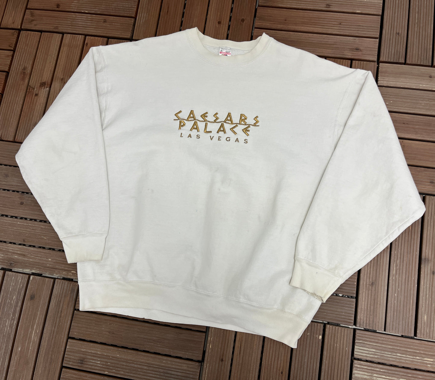 Caesars Palace Las Vegas Embroidered Graphic Crewneck | Size X-Large | Vintage 1990s Promotional White Sweater | Made in USA |