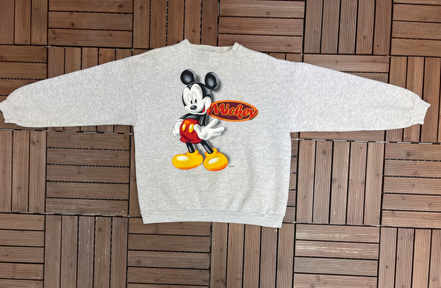 Mickey Mouse Disney Graphic Crewneck | Size Large | Vintage 1990s Promotional Cartoon Grey Sweatshirt |