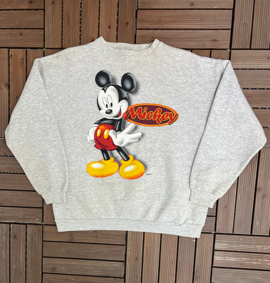 Mickey Mouse Disney Graphic Crewneck | Size Large | Vintage 1990s Promotional Cartoon Grey Sweatshirt |