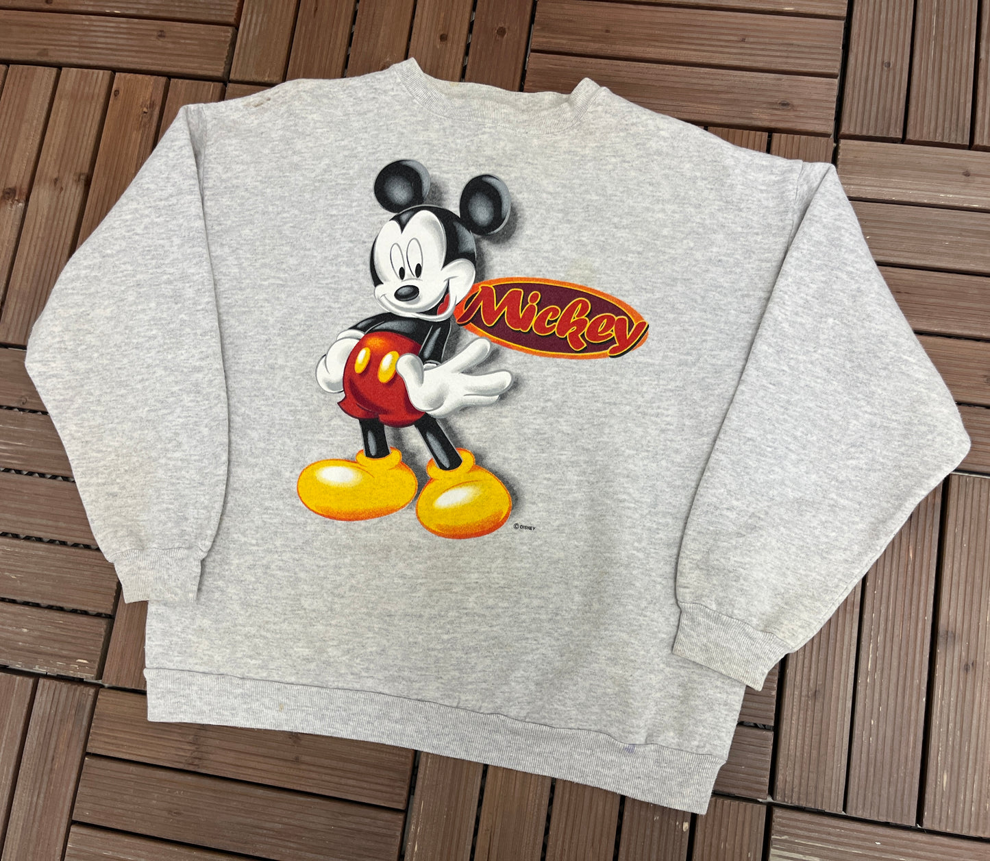 Mickey Mouse Disney Graphic Crewneck | Size Large | Vintage 1990s Promotional Cartoon Grey Sweatshirt |