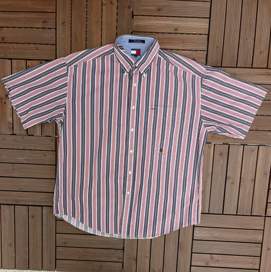 Tommy Hilfiger Striped Button Down Tee | Size X-Large | Vintage 2000s Casual Button Down Red & Blue Work Shirt | Free Shipping to USA |