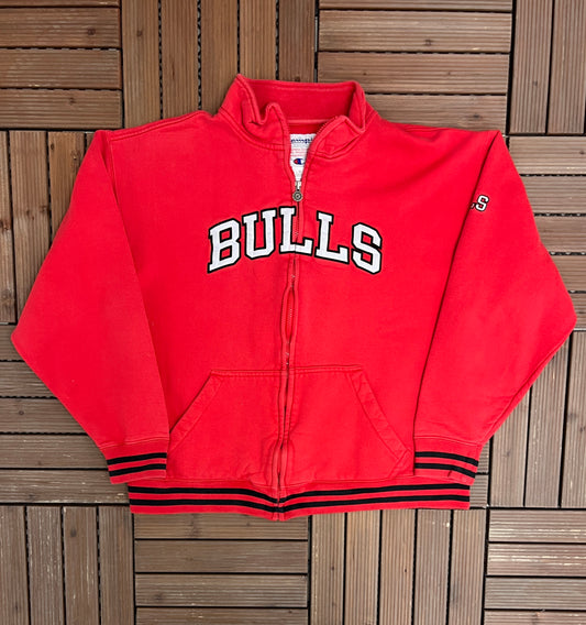 Chicago Bulls Stitched Graphic Sweater | Size X-Large | Vintage 2000s NBA Basketball Full Zip Red Sweatshirt |