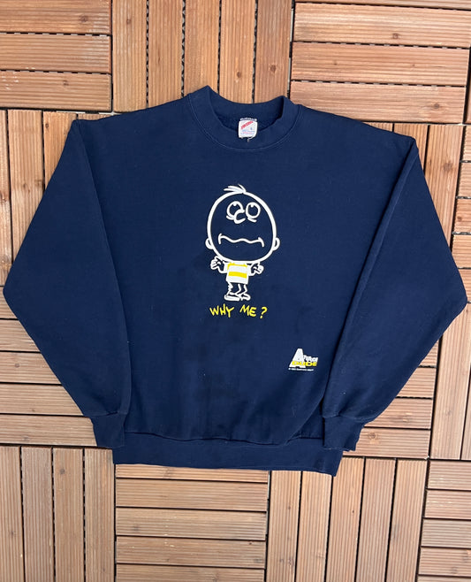 Why Me? Attitude Dude Graphic Crewneck | Size Large | Vintage 1990s Cartoon Blue Sweatshirt | Made in USA | Free Shipping to USA |