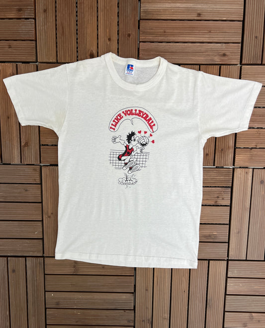 I Like Volleyball Graphic Tee | Size Medium | Vintage 1990s Promotional Sports White T-Shirt | Russell Athletic | Free Shipping to USA |