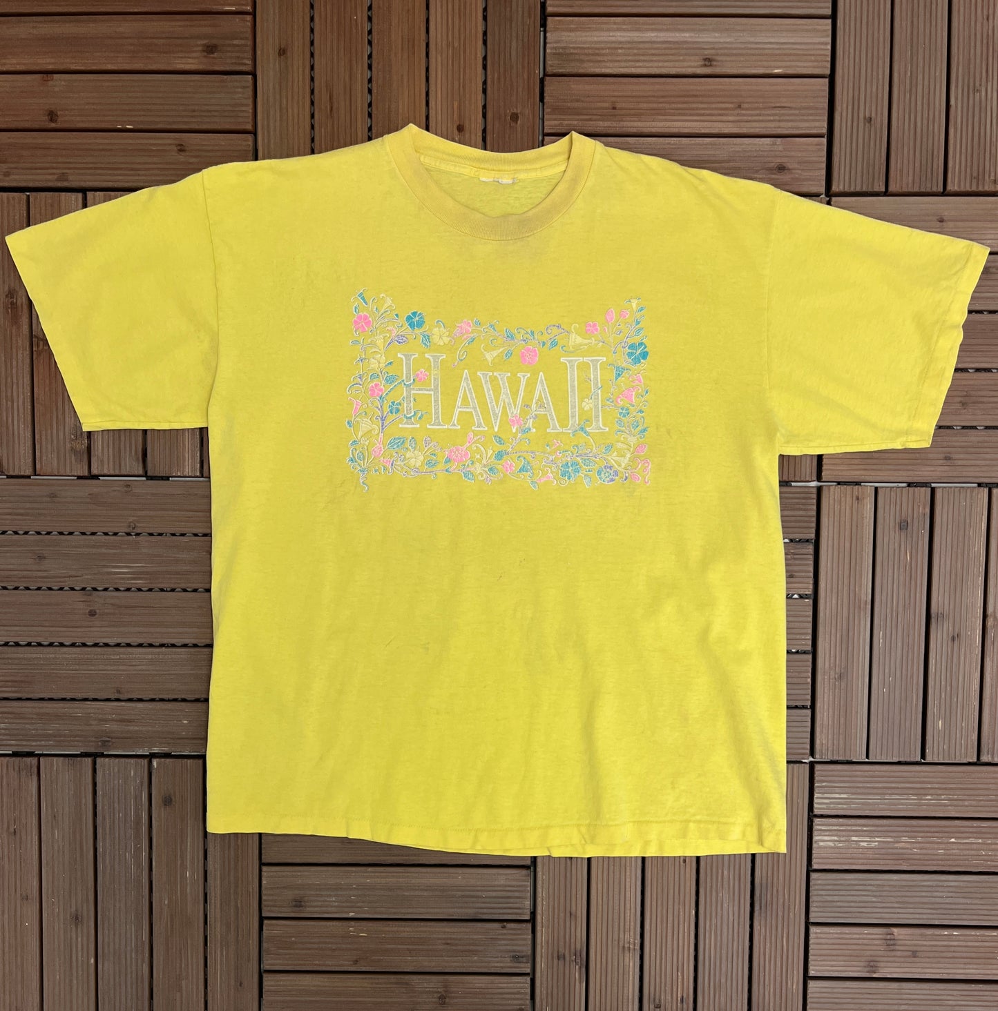 Hawaii Spell Out Graphic Tee | Size XX-Large | Vintage 1990s Single Stitch Promotional Tourist Yellow T-Shirt |