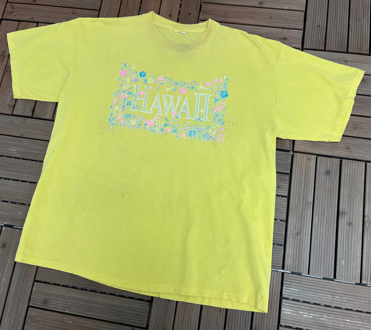 Hawaii Spell Out Graphic Tee | Size XX-Large | Vintage 1990s Single Stitch Promotional Tourist Yellow T-Shirt |