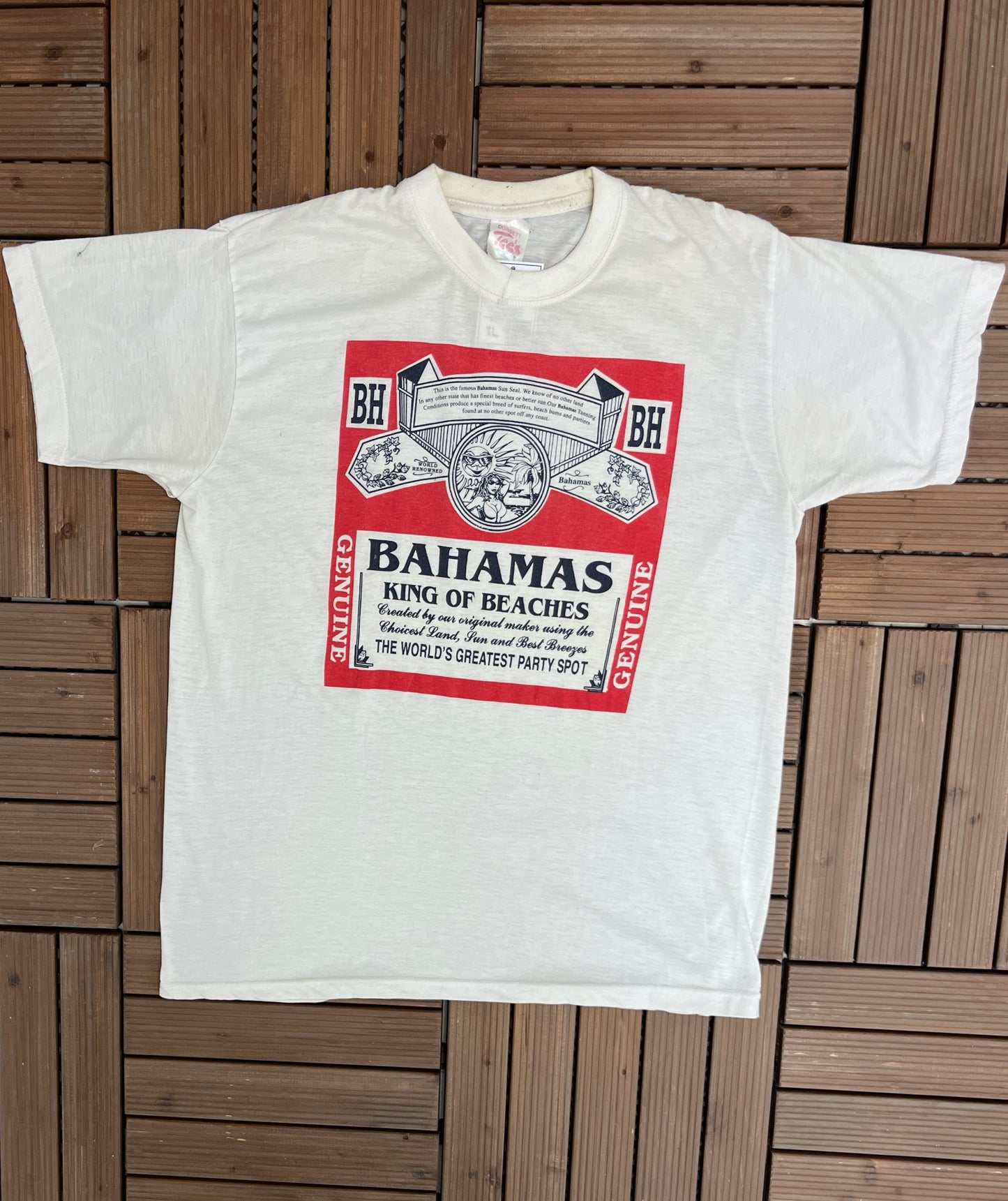 Bahamas King Of Beaches Graphic Tee | Size X-Large | Vintage 1990s Tourist Alcohol Spoof White T-Shirt | Free Shipping to USA|