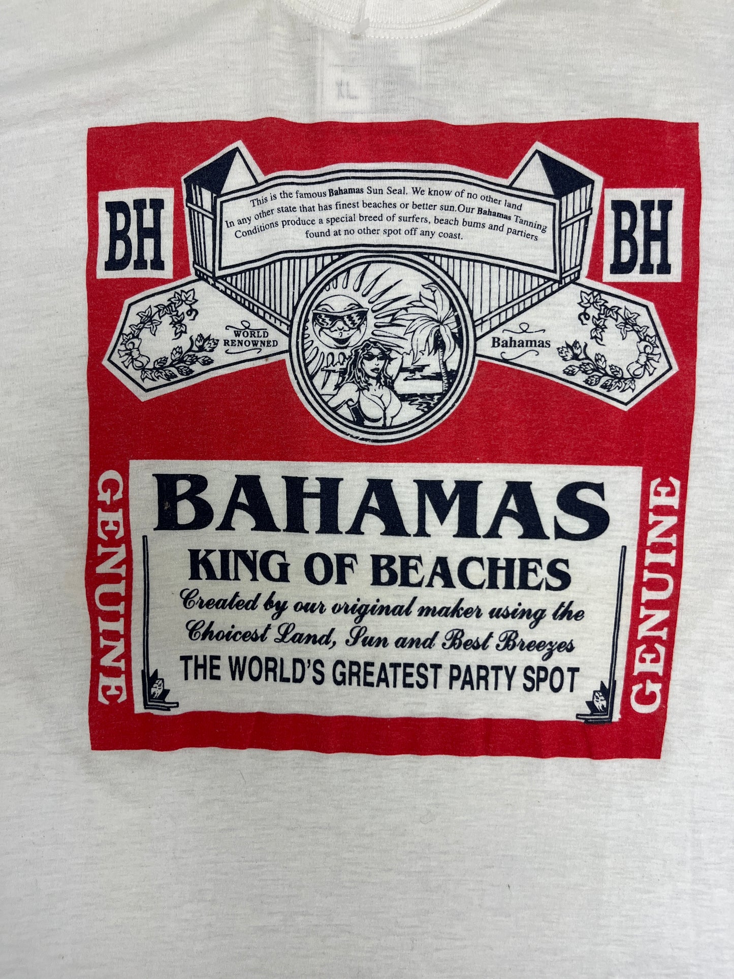 Bahamas King Of Beaches Graphic Tee | Size X-Large | Vintage 1990s Tourist Alcohol Spoof White T-Shirt | Free Shipping to USA|