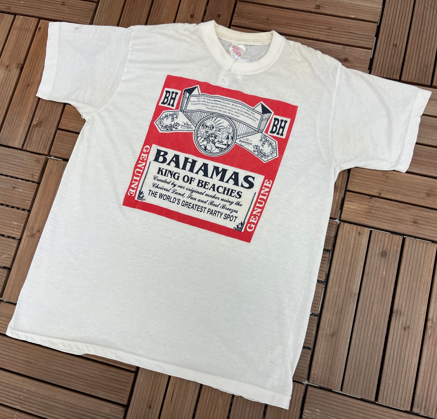 Bahamas King Of Beaches Graphic Tee | Size X-Large | Vintage 1990s Tourist Alcohol Spoof White T-Shirt | Free Shipping to USA|