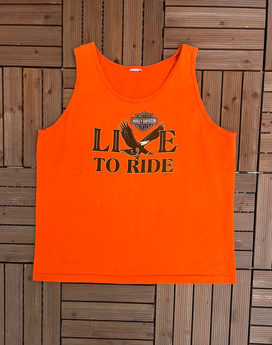 Harley Davidson Live To Ride Roswell, Georgia Graphic Tee | Size X-Large | Vintage 2000s Biker Orange Tank Top |