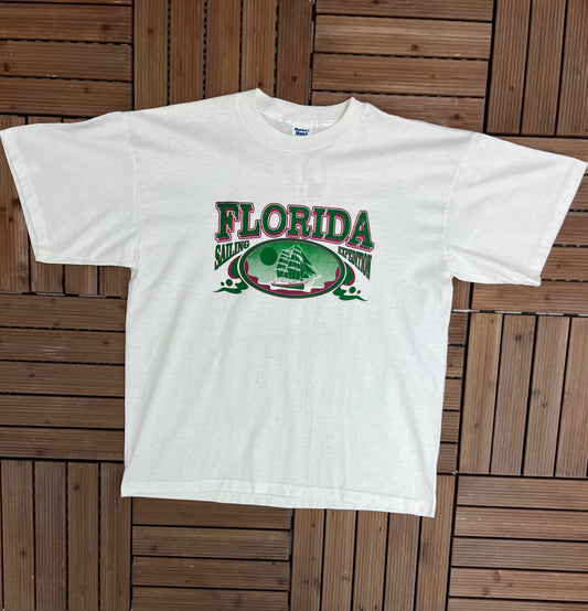 Florida Sailing Expedition Graphic Tee | Size X-Large | Vintage 1990s Promotional Tourist White T-Shirt | Free Shipping to USA |