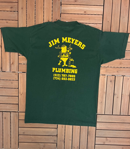 Jim Meyers Plumbing Graphic Tee | Size X-Large | Vintage 1990s Single Stitch Promotional Green T-Shirt | Free Shipping to USA |