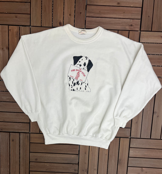 The Fire Shop Stop Graphic Crewneck | One Size Fits All | Vintage 1989s Promotional White Sweater | Made in Canada | Free Shipping to USA |