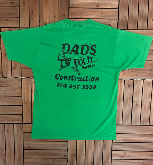 Dad's Fix It Construction Graphic Tee | Size X-Large | Vintage 1990s Single Stitch Green T-Shirt | Made in USA | Free Shipping to USA |