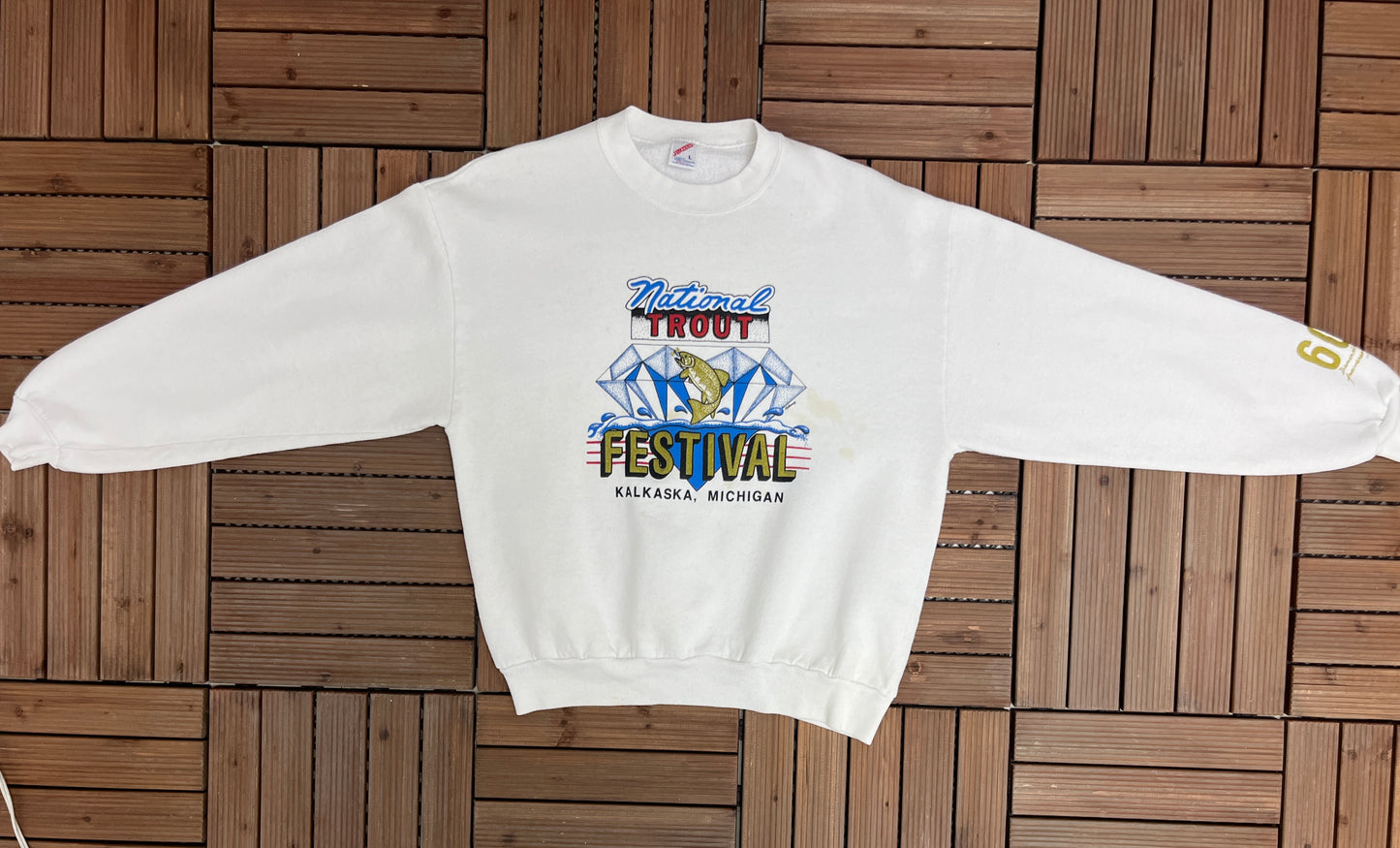 National Trout Festival Kalkaska, Michigan Graphic Crewneck | Size Large | Vintage 1990s Fishing White Sweater | Free Shipping to USA |