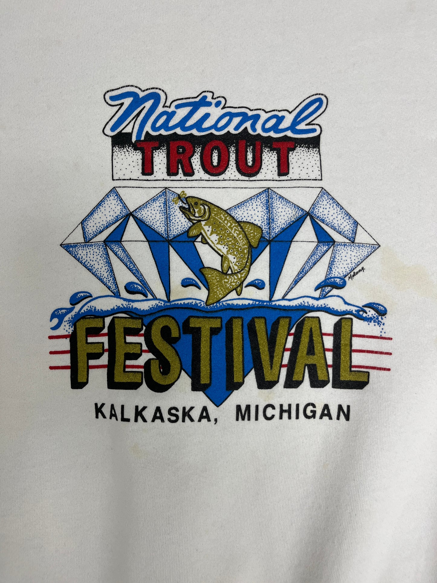 National Trout Festival Kalkaska, Michigan Graphic Crewneck | Size Large | Vintage 1990s Fishing White Sweater | Free Shipping to USA |