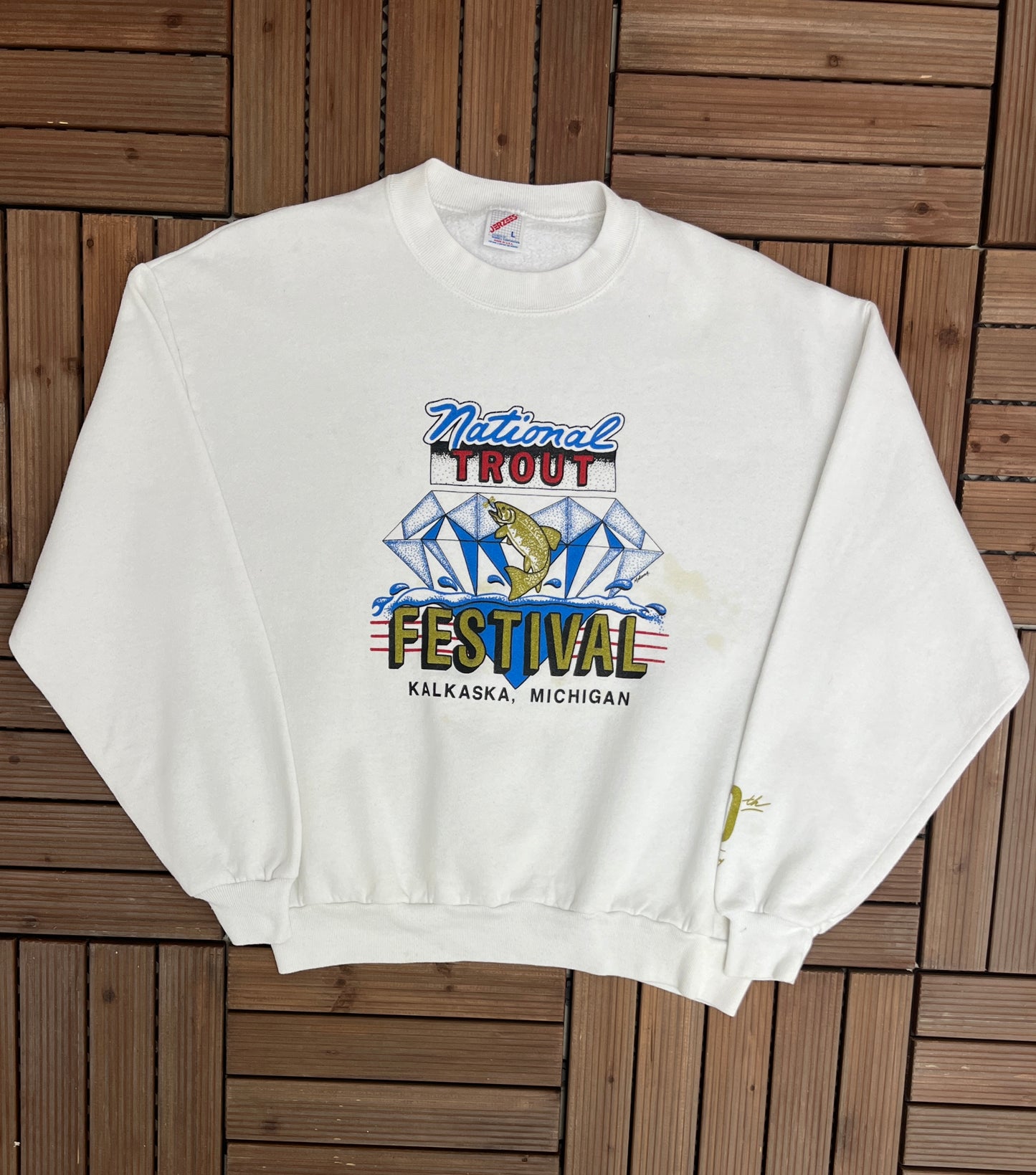 National Trout Festival Kalkaska, Michigan Graphic Crewneck | Size Large | Vintage 1990s Fishing White Sweater | Free Shipping to USA |