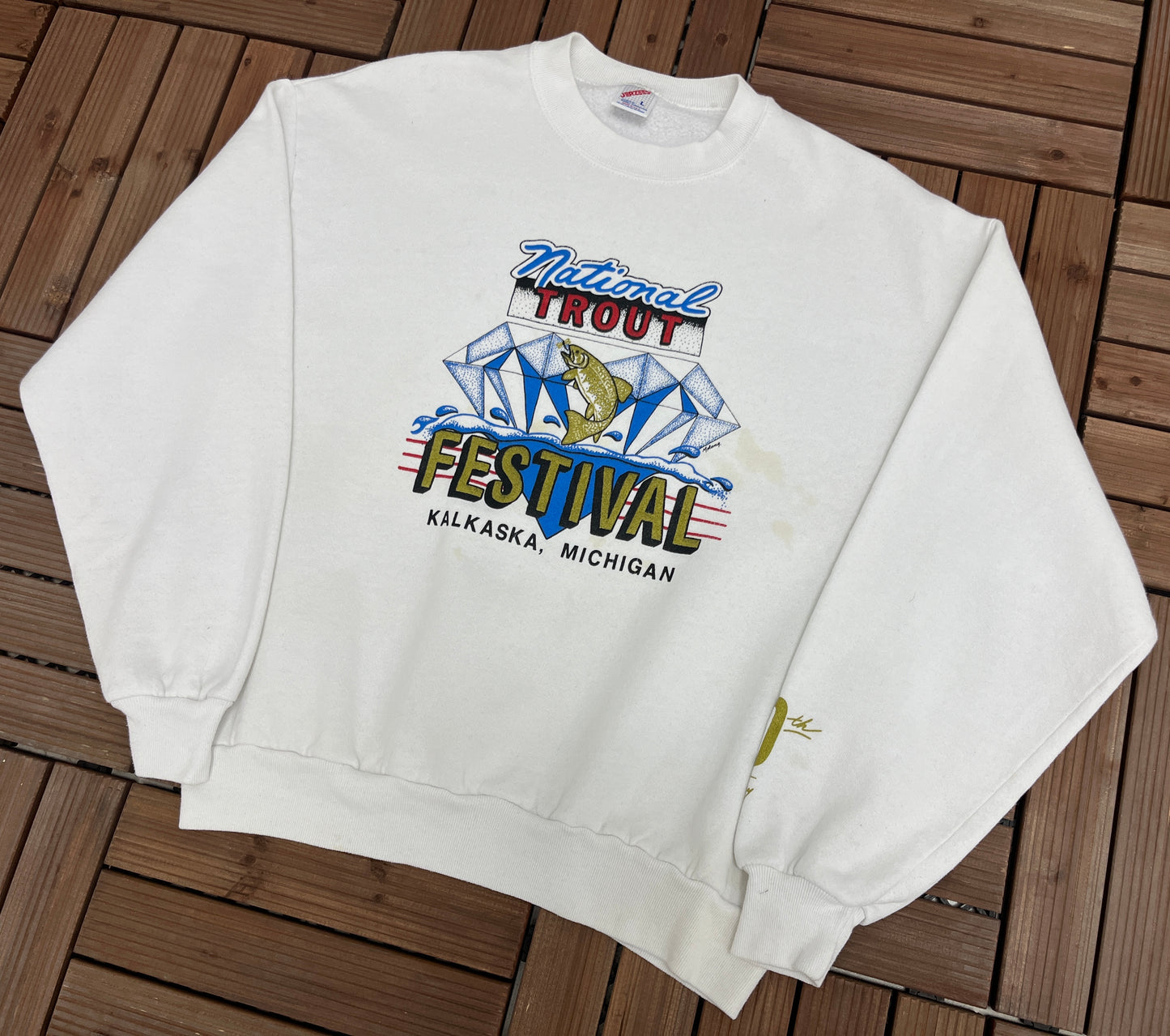 National Trout Festival Kalkaska, Michigan Graphic Crewneck | Size Large | Vintage 1990s Fishing White Sweater | Free Shipping to USA |