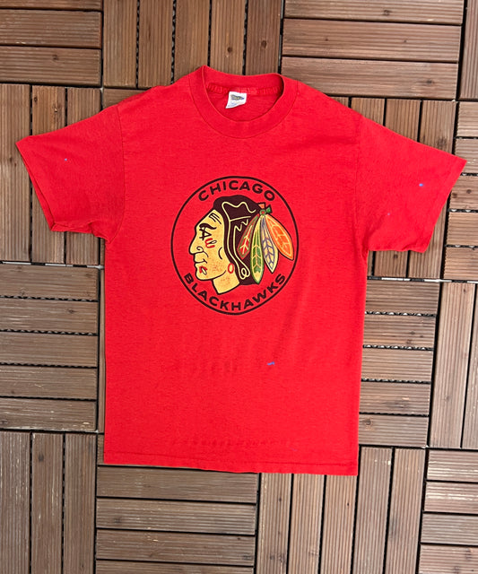 Chicago Blackhawks Graphic Tee | Size Large | Vintage 1980s Single Stitch NHL Hockey Red T-Shirt |