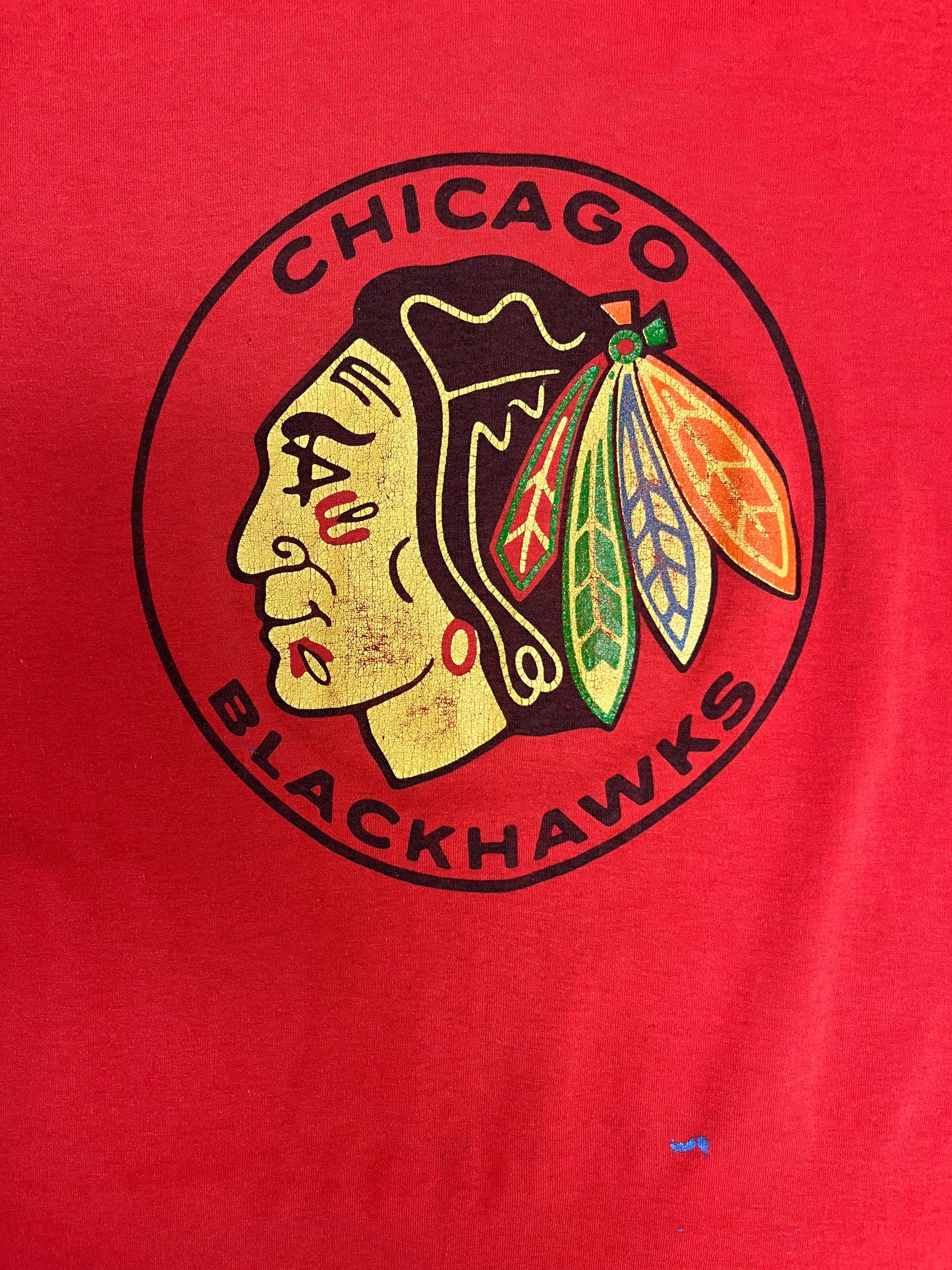 Chicago Blackhawks Graphic Tee | Size Large | Vintage 1980s Single Stitch NHL Hockey Red T-Shirt |