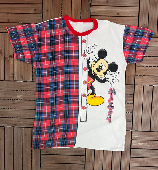 Mickey Mouse Plaid Graphic Tee | Size X-Large | Vintage 2000s Cartoon Promotional White T-Shirt |